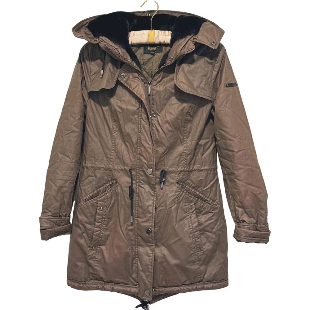 Laundry Shelli Segal Fur Lined Hood Parka Coat Size XS Brown Y2K Cinchable Ski